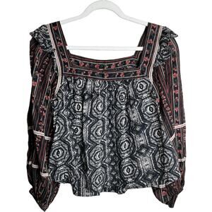 Free People Mostly Meadow Cotton Blouse Top Boho Festival OB1013594 Black Combo